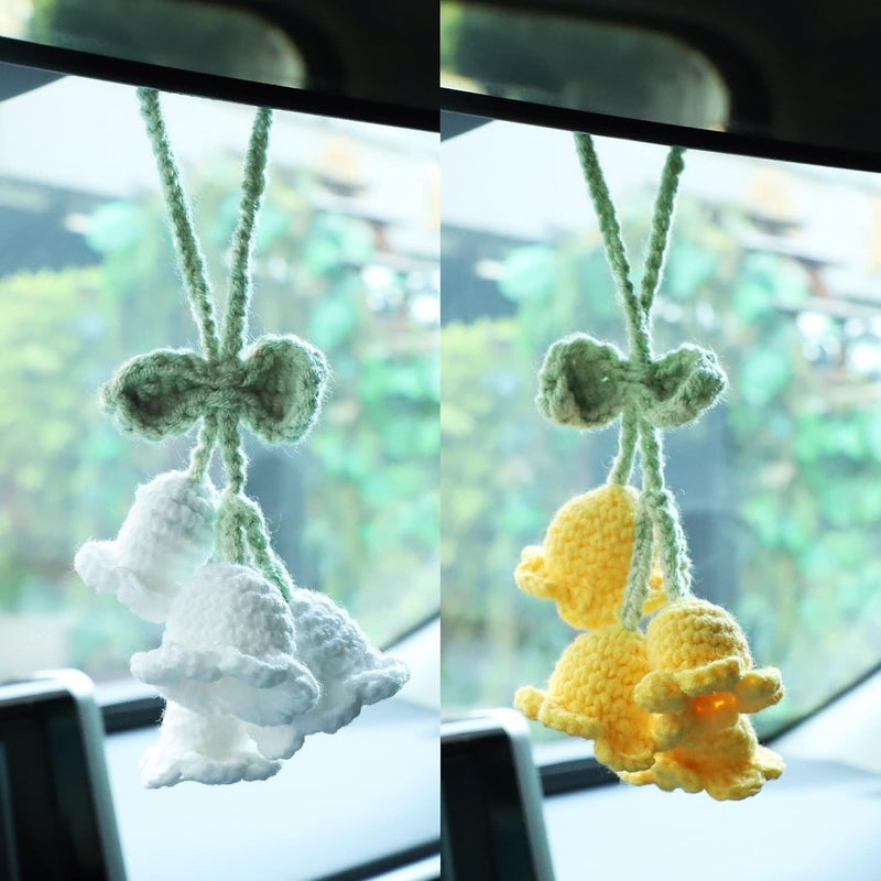 Decorbea Store Mirror Hanging Car Accessories Cute Little Lily of The Valley, Hand Knitted Crochet Flower Decor for Mirror, Rear View Mirrors,Key Chains (Pink) - Image 5